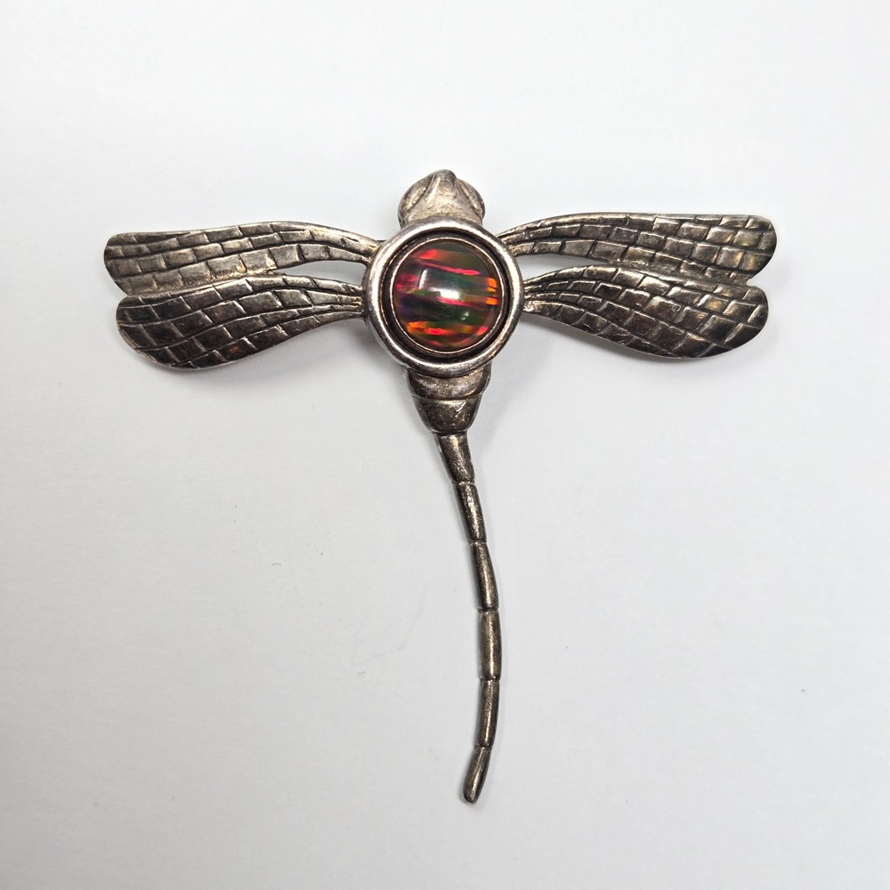 Vintage Sterling Silver Fire Opal Dragonfly Brooch Pendant 925 Textured Wings